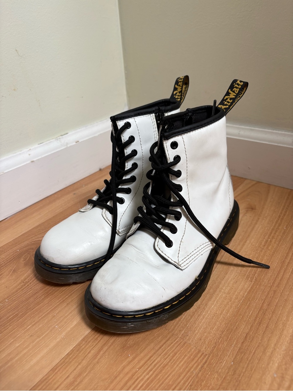 Dr. Martens White Lace-Up Kids Combat Boots with Black Trim